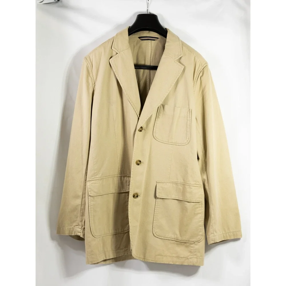 Mens Khaki Cotton Twill 3-Button Field Blazer Jacket Tan Tailored Sport Coat